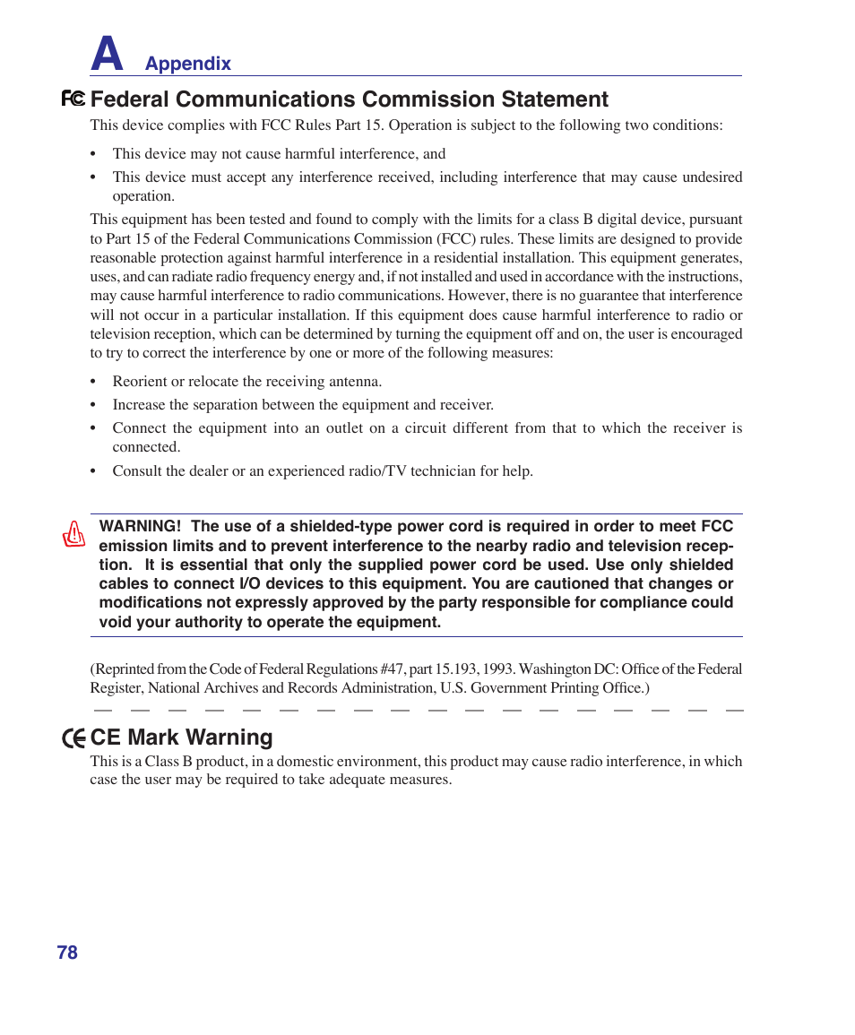 Federal communications commission statement, Ce mark warning | Asus W5Fe User Manual | Page 78 / 87