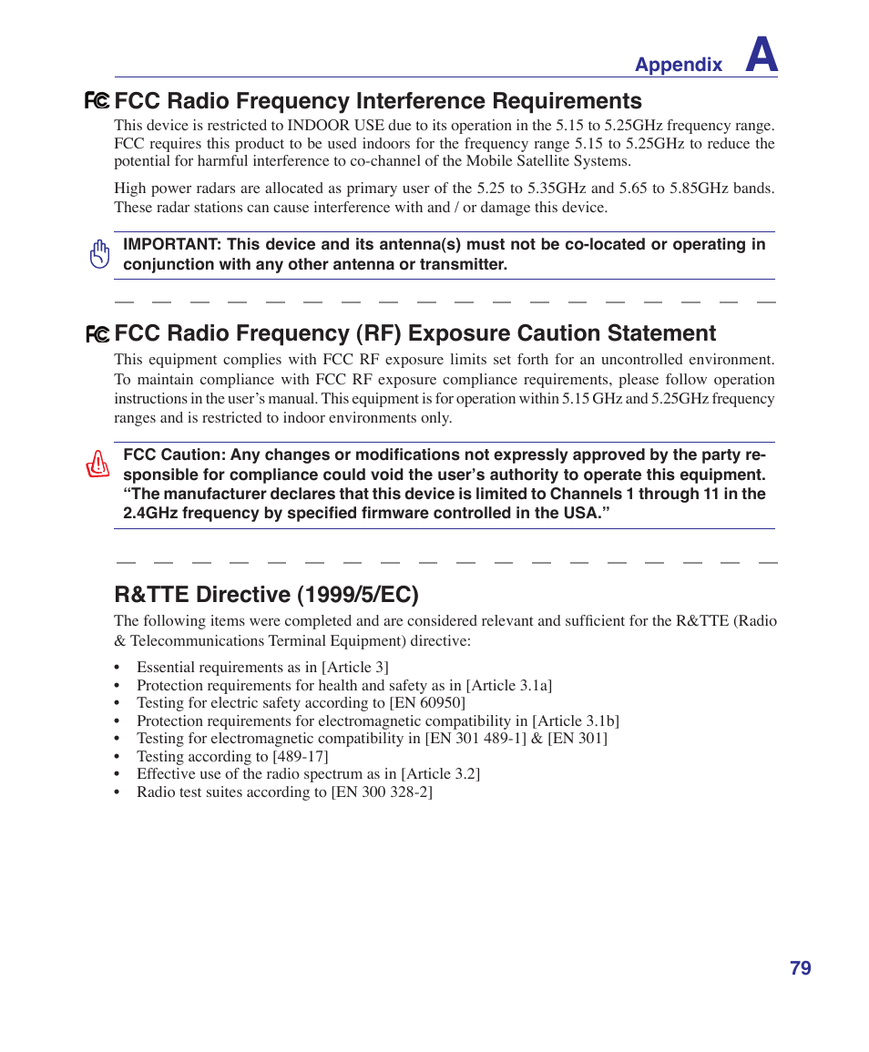 R&tte directive (1999//ec), Fcc radio frequency interference requirements | Asus W5Fe User Manual | Page 79 / 87