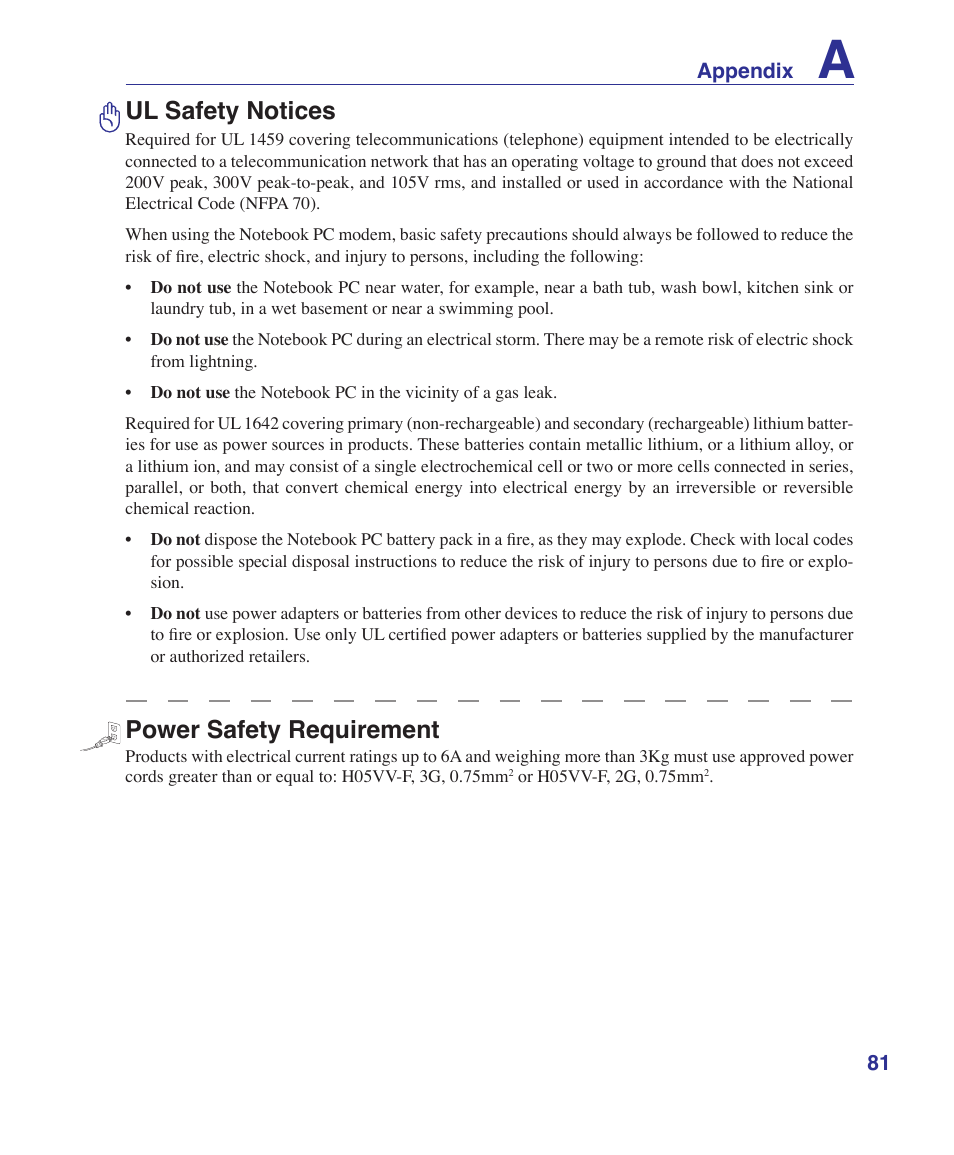 Ul safety notices, Power safety requirement | Asus W5Fe User Manual | Page 81 / 87