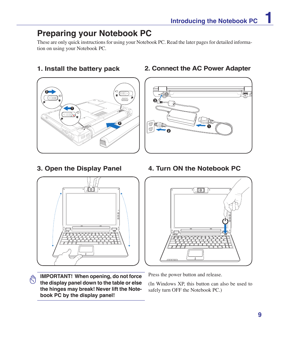 Preparing your notebook pc | Asus W5Fe User Manual | Page 9 / 87