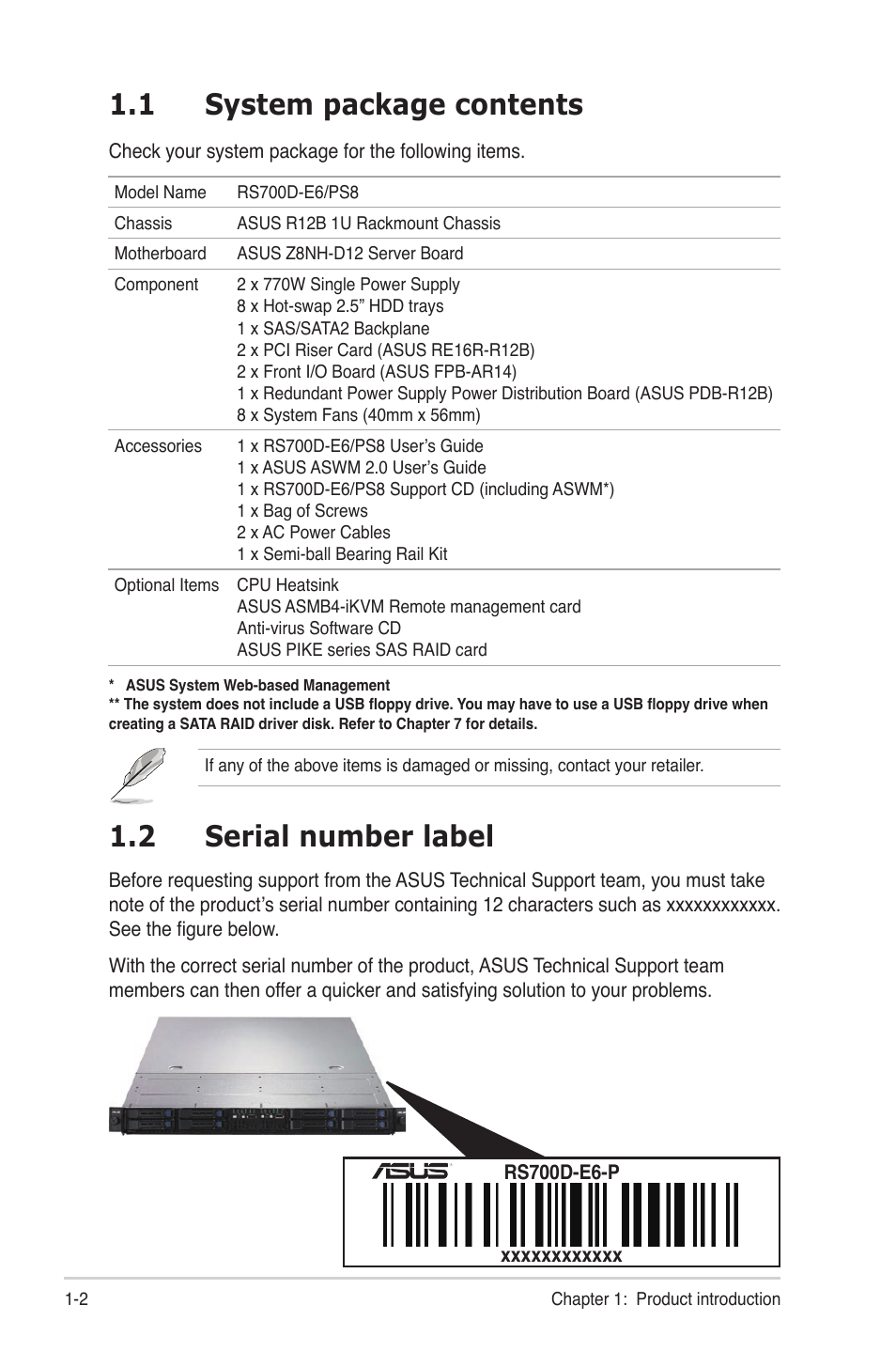 1 system package contents, 2 serial number label, System package contents -2 | Serial number label -2 | Asus RS700D-E6/PS8 User Manual | Page 12 / 144