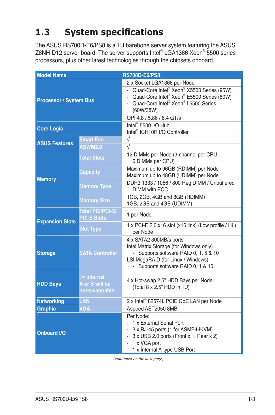 3 system specifications, System specifications -3 | Asus RS700D-E6/PS8 User Manual | Page 13 / 144