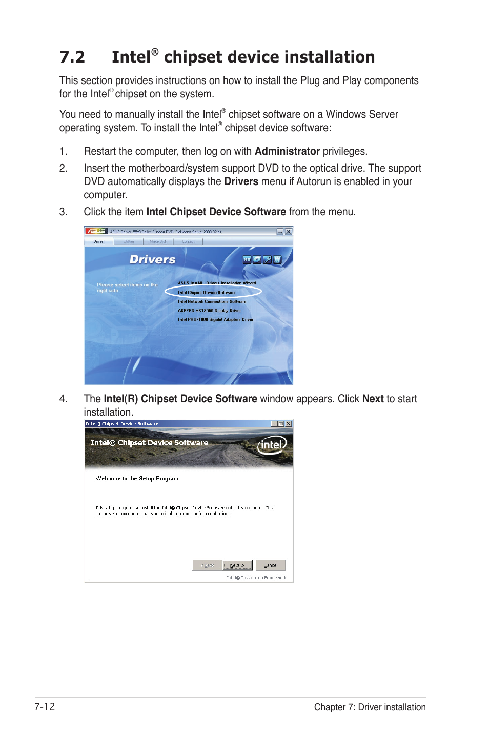2 intel® chipset device installation, Intel, Chipset device installation -12 | 2 intel, Chipset device installation | Asus RS700D-E6/PS8 User Manual | Page 136 / 144