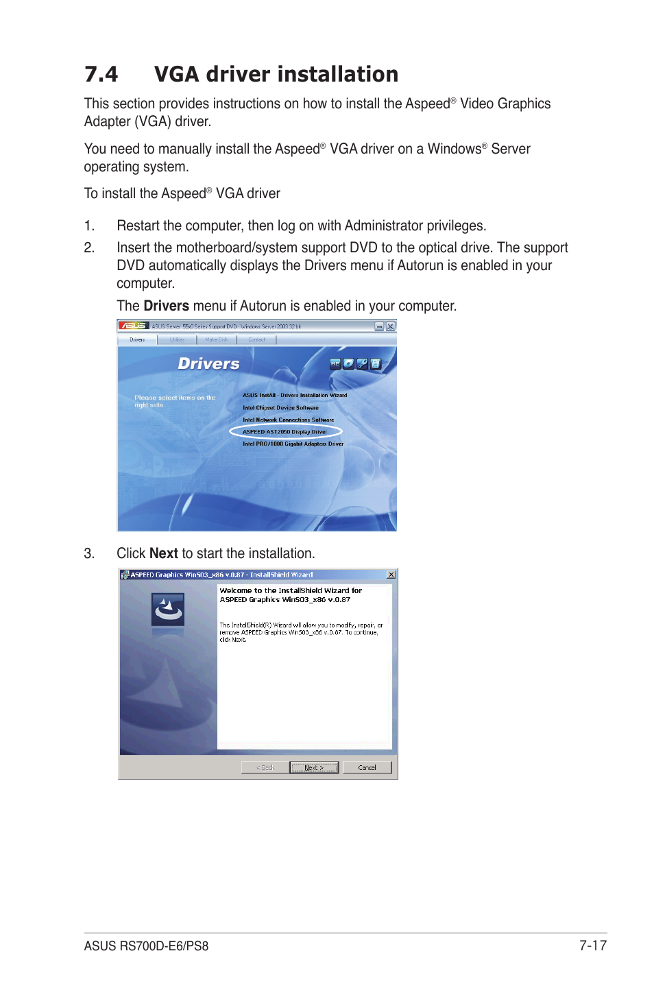 4 vga driver installation, Vga driver installation -17 | Asus RS700D-E6/PS8 User Manual | Page 141 / 144