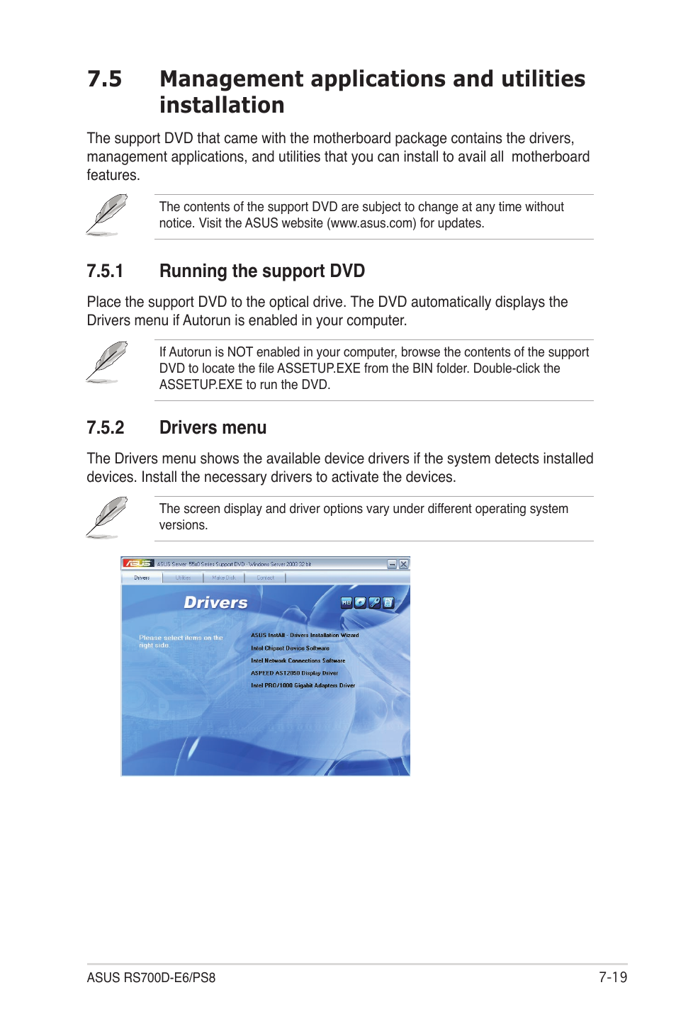 1 running the support dvd, 2 drivers menu, Running the support dvd -19 | Drivers menu -19 | Asus RS700D-E6/PS8 User Manual | Page 143 / 144