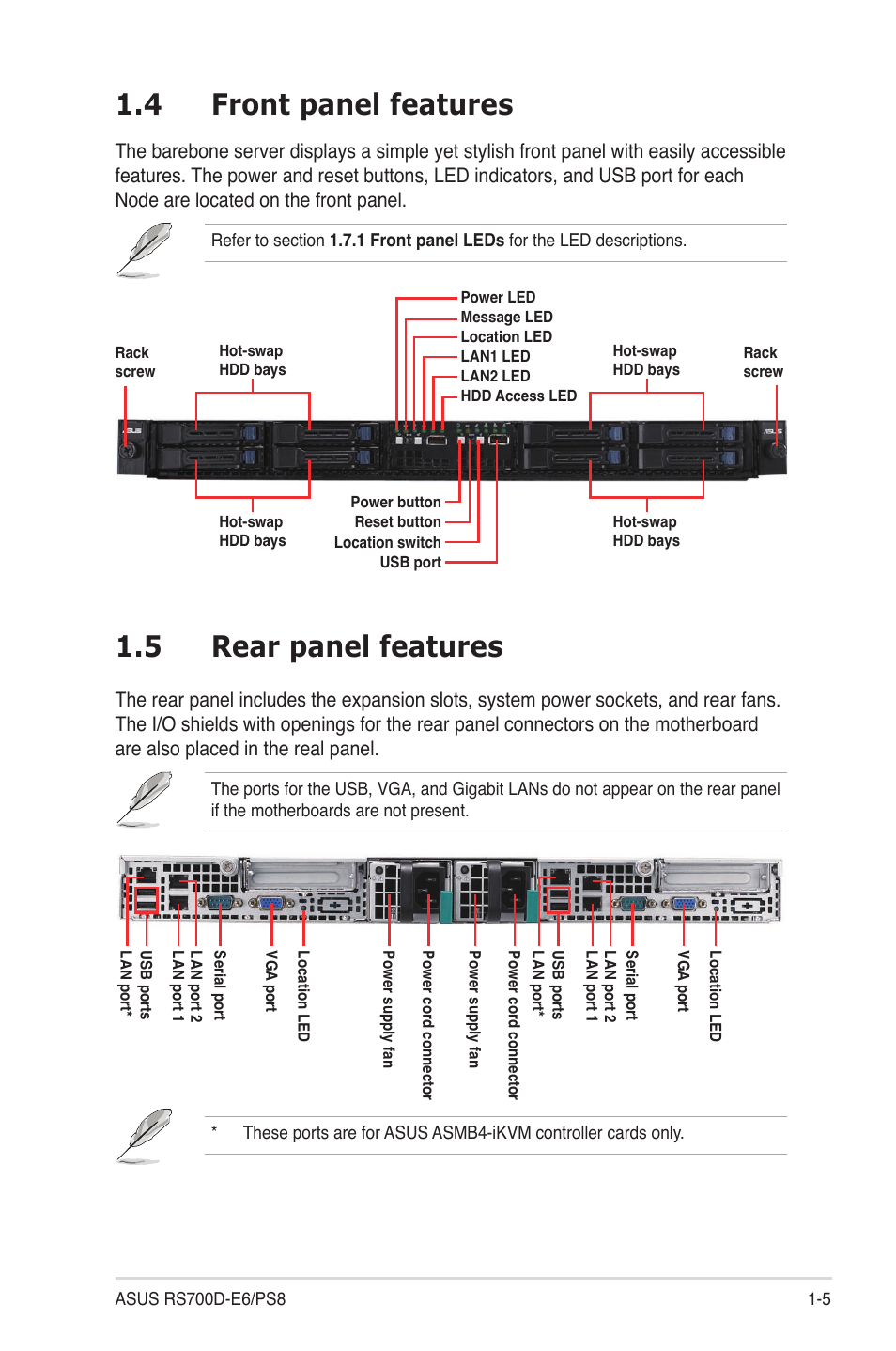 4 front panel features, 5 rear panel features, Front panel features -5 | Rear panel features -5 | Asus RS700D-E6/PS8 User Manual | Page 15 / 144