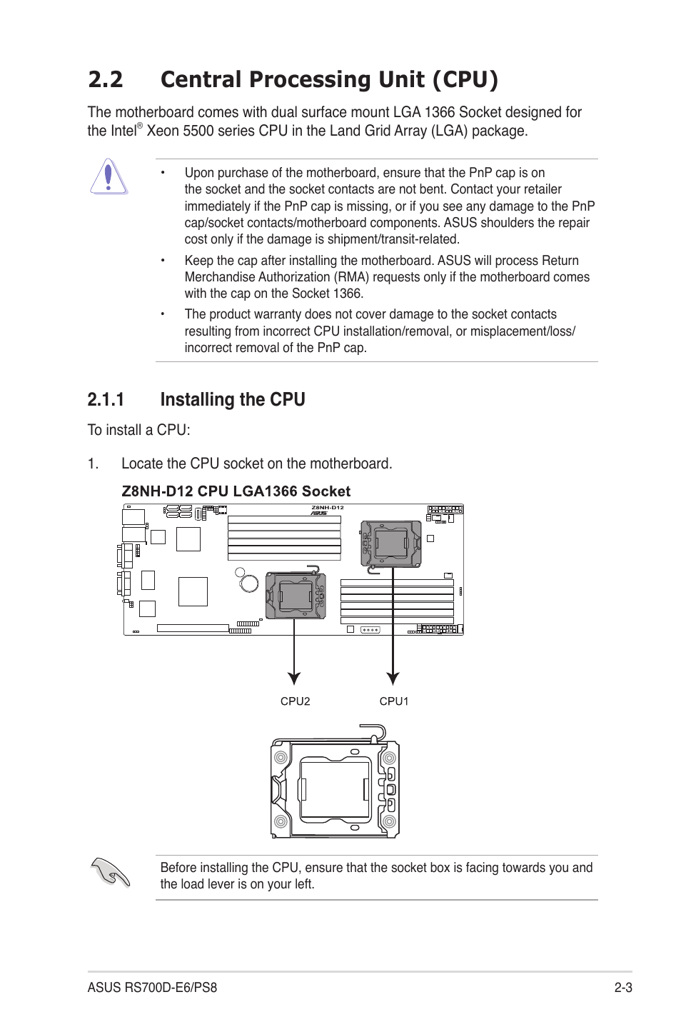 2 central processing unit (cpu), 1 installing the cpu, Central processing unit (cpu) -3 2.1.1 | Installing the cpu -3 | Asus RS700D-E6/PS8 User Manual | Page 21 / 144
