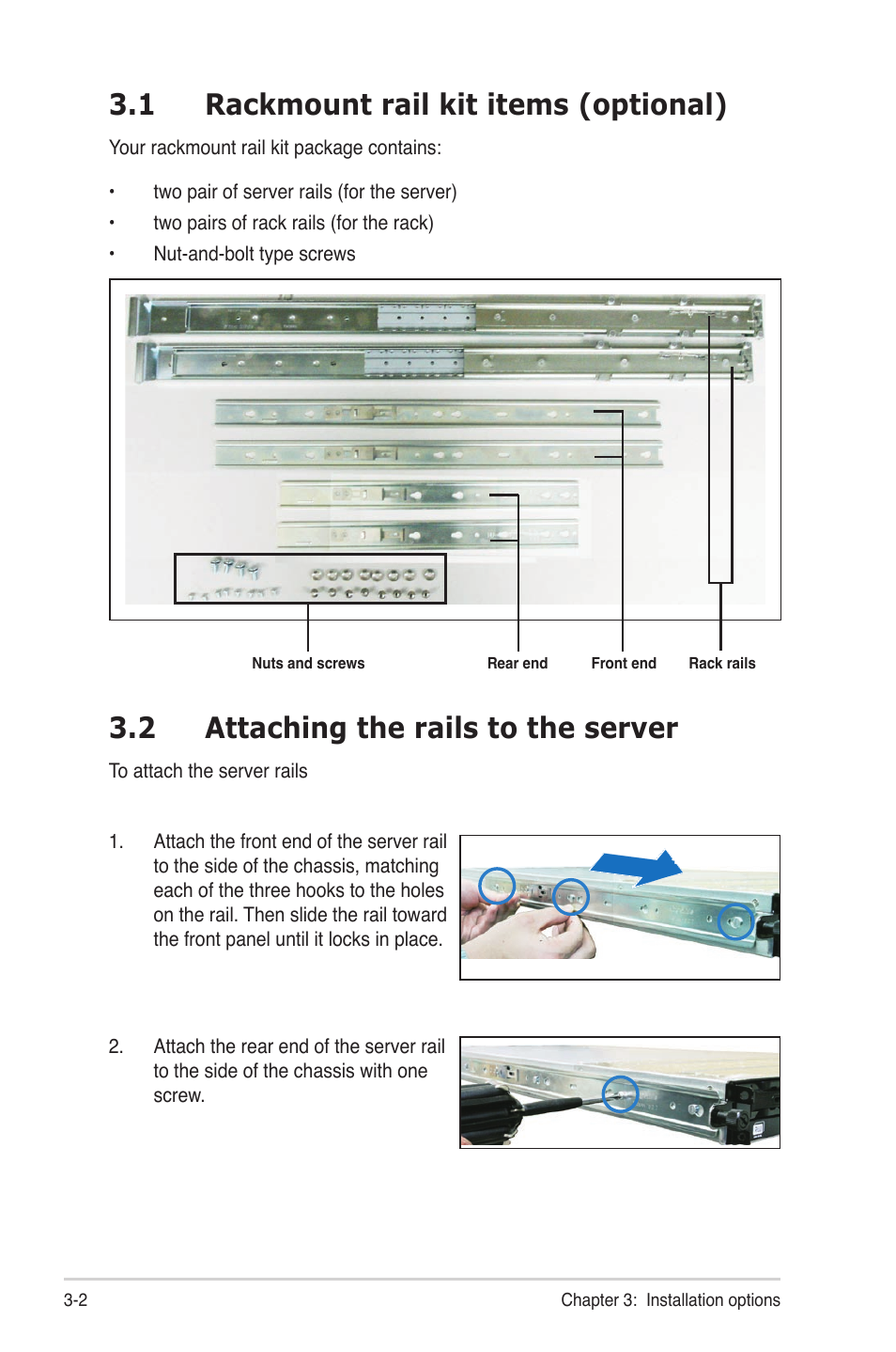 1 rackmount rail kit items (optional), 2 attaching the rails to the server, Rackmount rail kit items (optional) -2 | Attaching the rails to the server -2 | Asus RS700D-E6/PS8 User Manual | Page 36 / 144