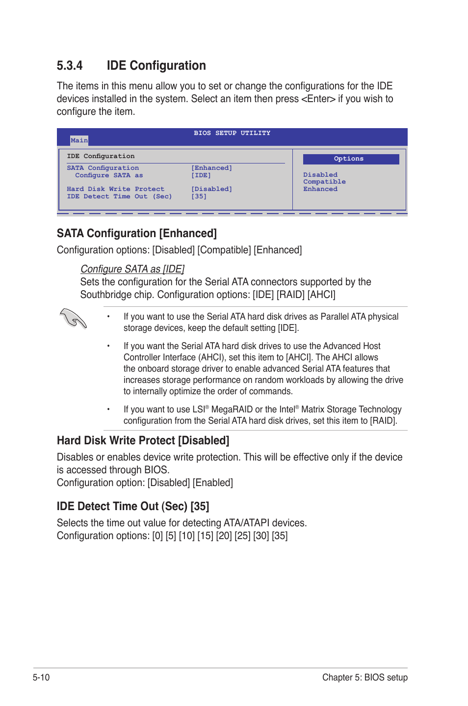 4 ide configuration, Ide configuration -10, Sata configuration [enhanced | Hard disk write protect [disabled, Ide detect time out (sec) [35 | Asus RS700D-E6/PS8 User Manual | Page 64 / 144