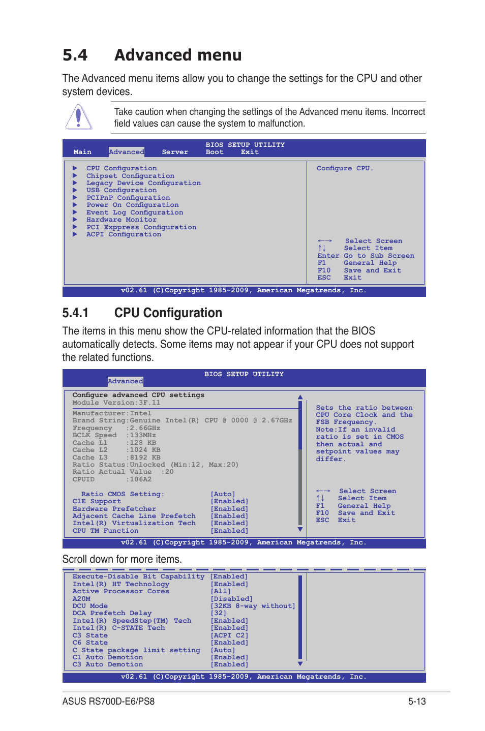 4 advanced menu, 1 cpu configuration, Advanced menu -13 5.4.1 | Cpu configuration -13 | Asus RS700D-E6/PS8 User Manual | Page 67 / 144