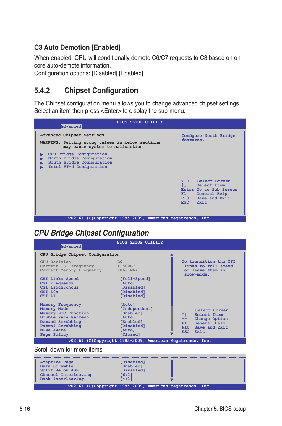 2 chipset configuration, Chipset configuration -16, Cpu bridge chipset configuration | C3 auto demotion [enabled, Scroll down for more items, 16 chapter 5: bios setup | Asus RS700D-E6/PS8 User Manual | Page 70 / 144