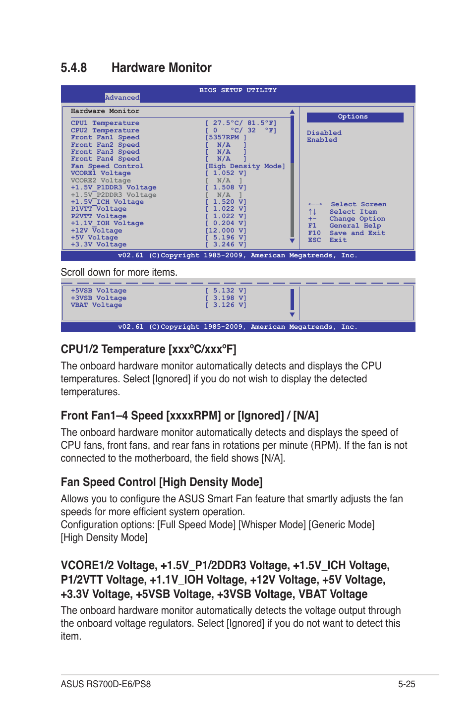 8 hardware monitor, Hardware monitor -25, Cpu1/2 temperature [xxxºc/xxxºf | Fan speed control [high density mode, Scroll down for more items | Asus RS700D-E6/PS8 User Manual | Page 79 / 144