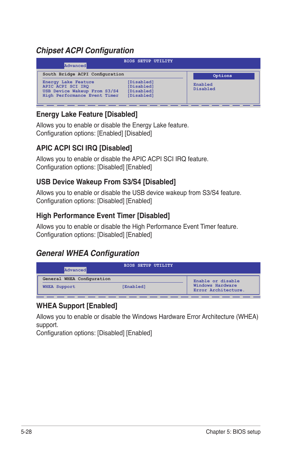 Chipset acpi configuration, General whea configuration, Energy lake feature [disabled | Apic acpi sci irq [disabled, Usb device wakeup from s3/s4 [disabled, High performance event timer [disabled, Whea support [enabled | Asus RS700D-E6/PS8 User Manual | Page 82 / 144