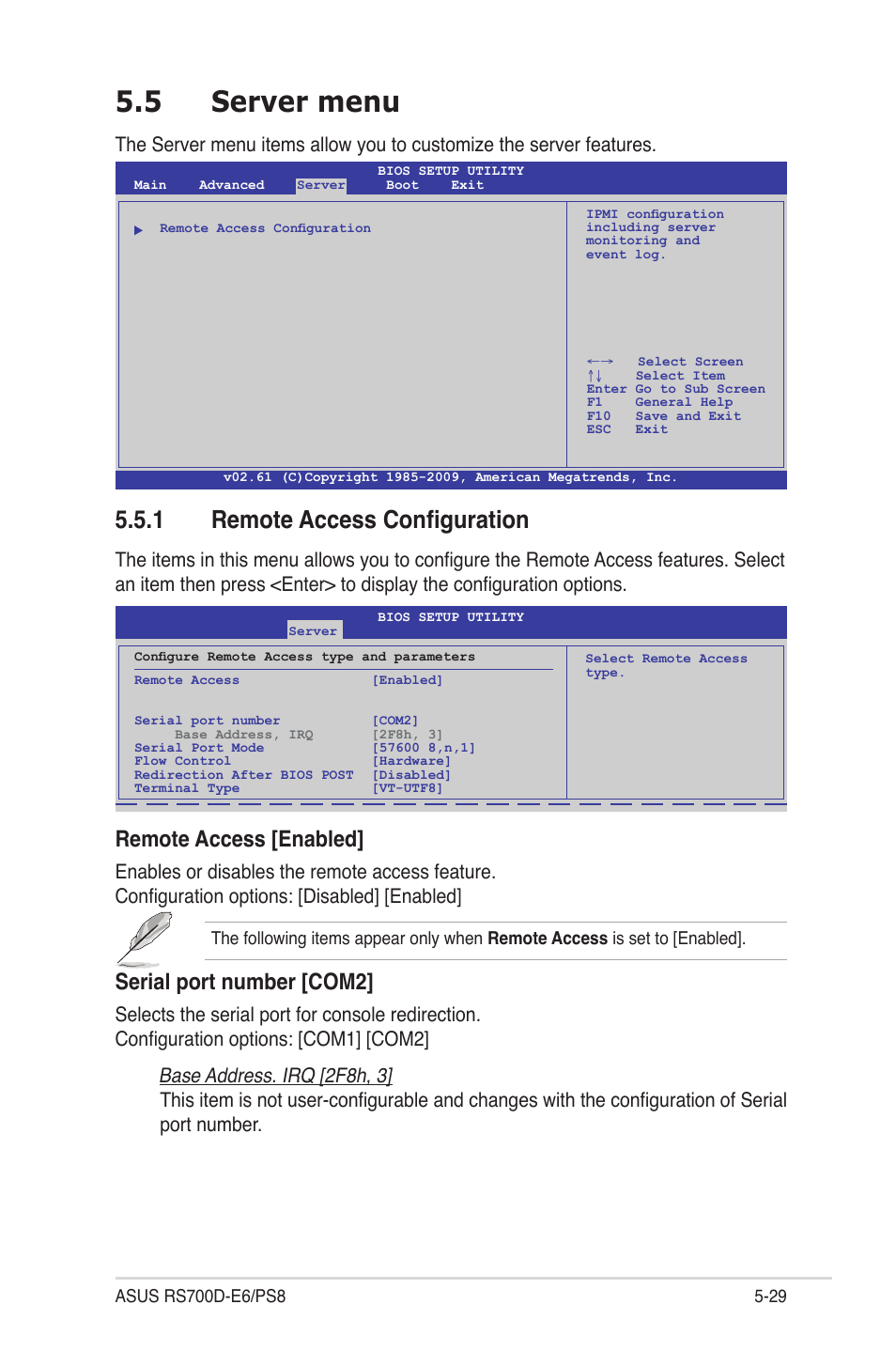 5 server menu, 1 remote access configuration, Server menu -29 5.5.1 | Remote access configuration -29, Remote access [enabled, Serial port number [com2 | Asus RS700D-E6/PS8 User Manual | Page 83 / 144