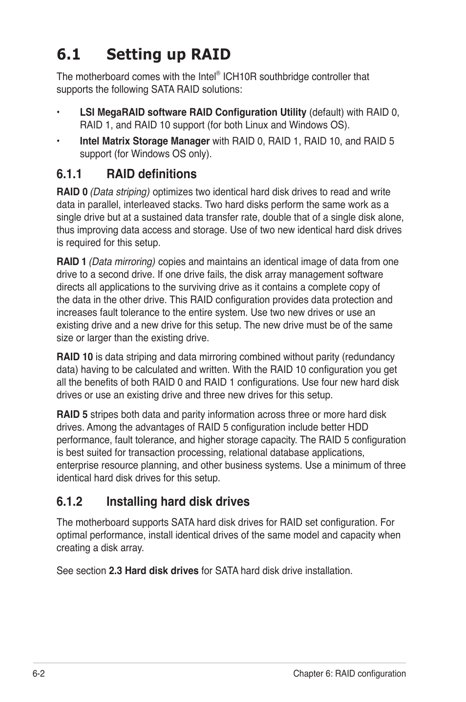 1 setting up raid, 1 raid definitions, 2 installing hard disk drives | Setting up raid -2 6.1.1, Raid definitions -2, Installing hard disk drives -2 | Asus RS700D-E6/PS8 User Manual | Page 92 / 144