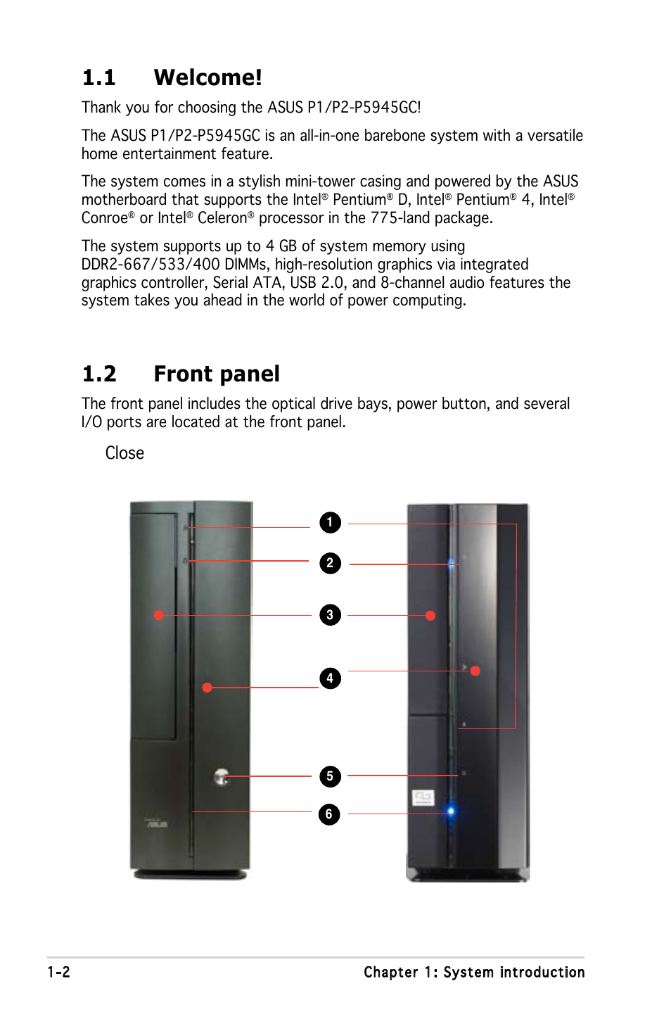 1 welcome, 2 front panel, Close | Asus P2-P5945GC User Manual | Page 12 / 92