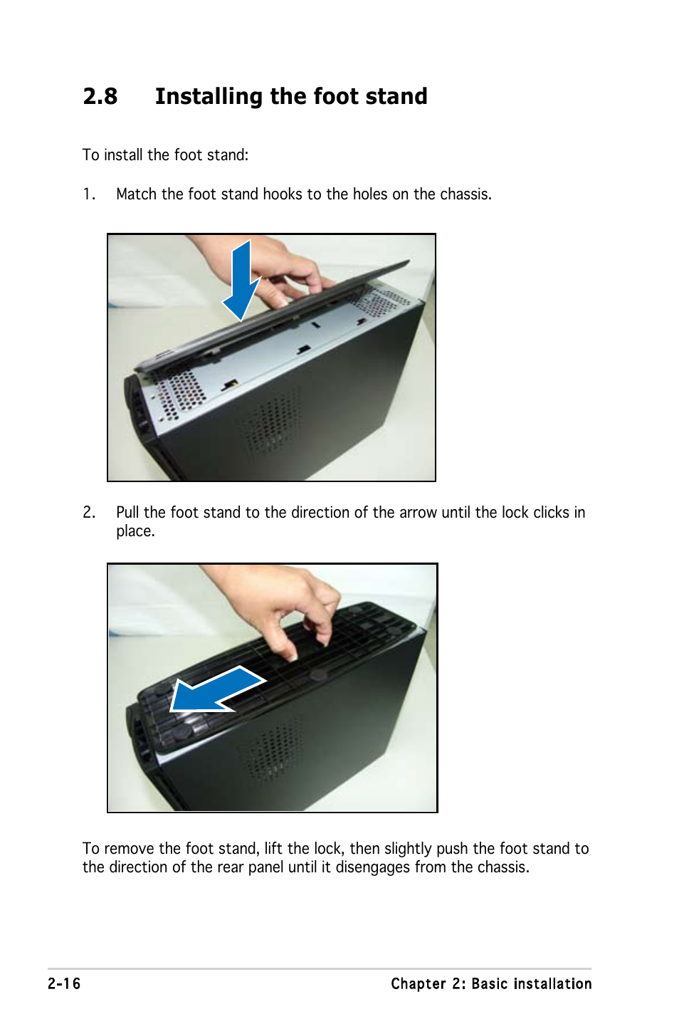 8 installing the foot stand | Asus P2-P5945GC User Manual | Page 32 / 92