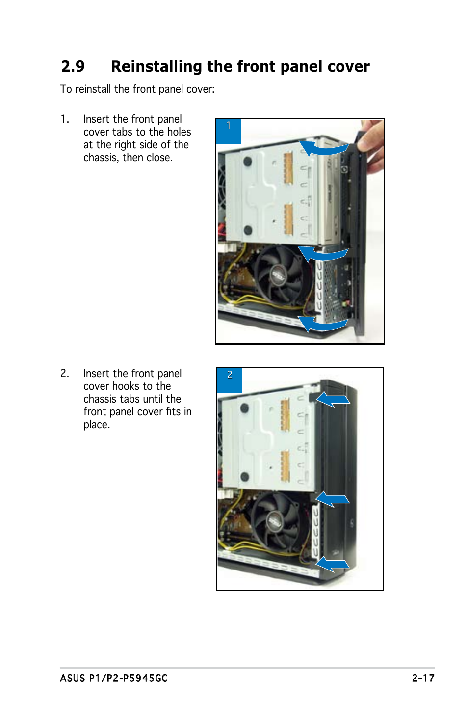 9 reinstalling the front panel cover | Asus P2-P5945GC User Manual | Page 33 / 92