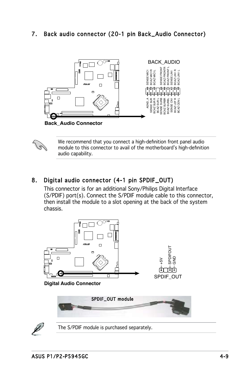 The s/pdif module is purchased separately, Digital audio connector, Spdif_out | Back_audio connector back_audio | Asus P2-P5945GC User Manual | Page 54 / 92