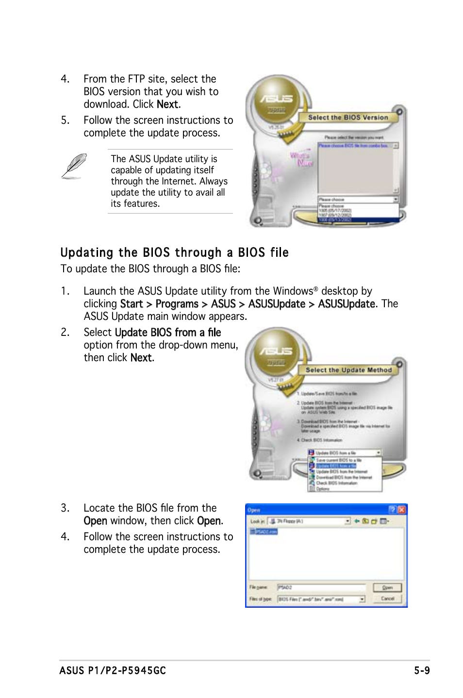 Updating the bios through a bios file | Asus P2-P5945GC User Manual | Page 64 / 92