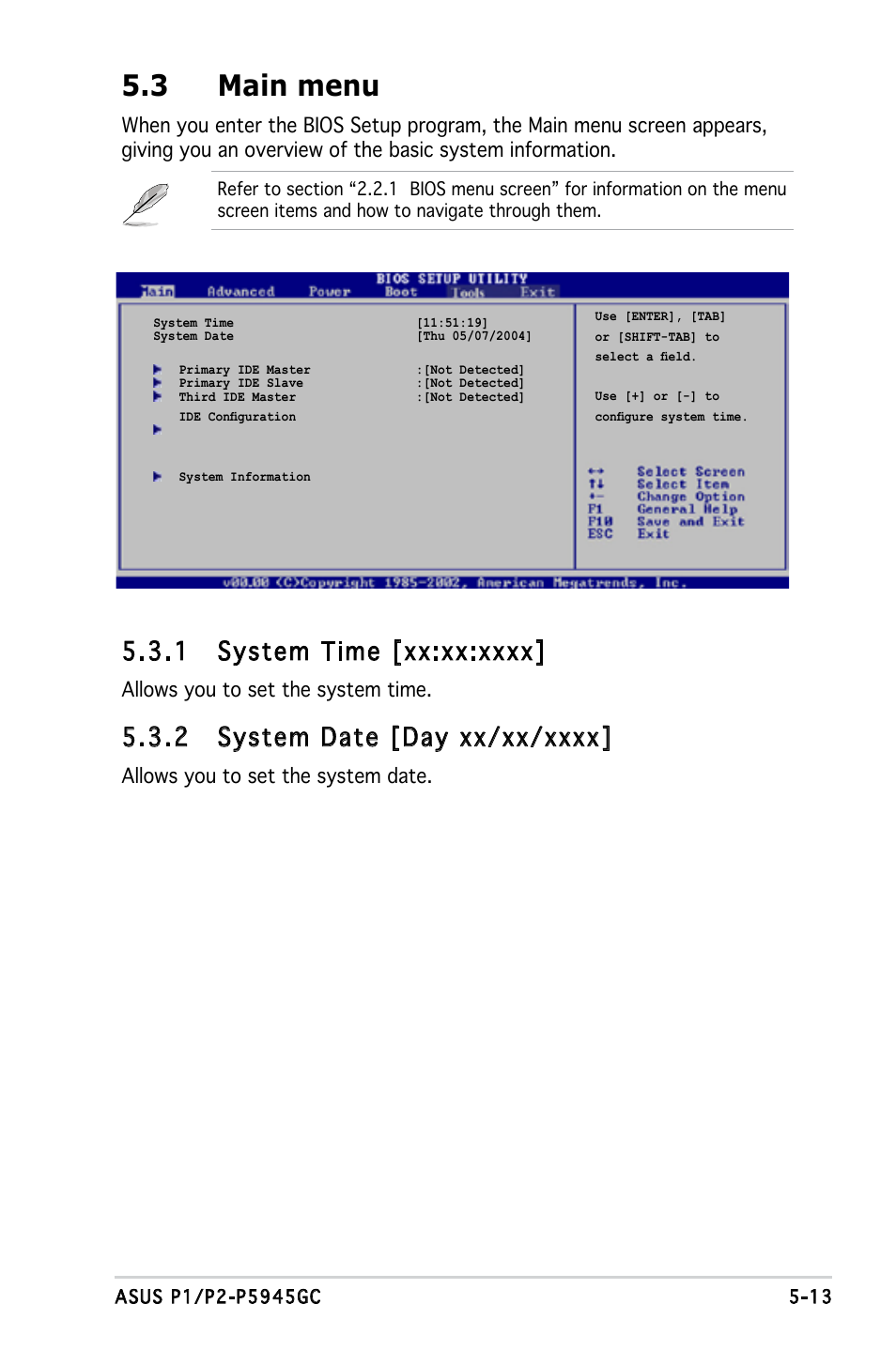 3 main menu | Asus P2-P5945GC User Manual | Page 68 / 92