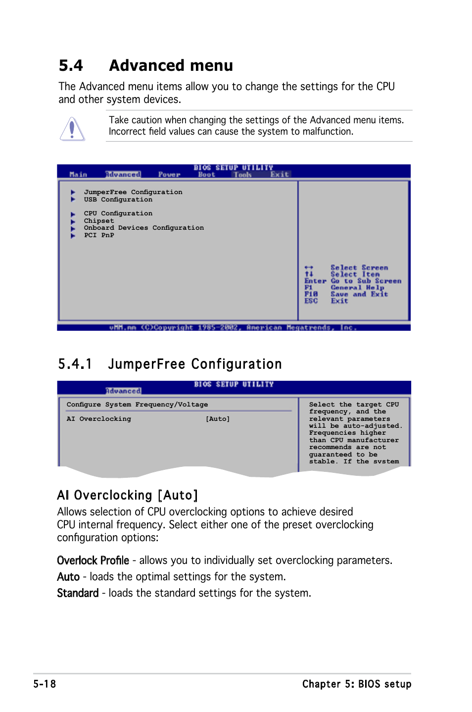 4 advanced menu, 1 jumperfree configuration, Ai overclocking [auto | Asus P2-P5945GC User Manual | Page 73 / 92