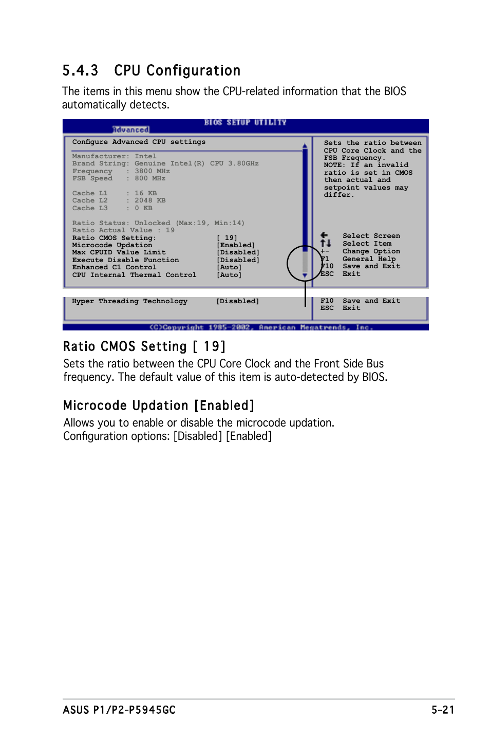 3 cpu configuration, Ratio cmos setting [ 19, Microcode updation [enabled | Asus P2-P5945GC User Manual | Page 76 / 92