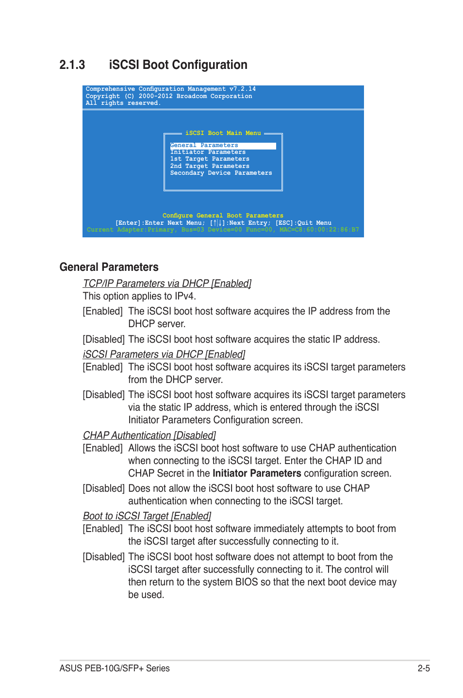 3 iscsi boot configuration, Iscsi boot configuration -5, General parameters | Asus PEB-10G/SFP PLUS/SINGLE User Manual | Page 15 / 38