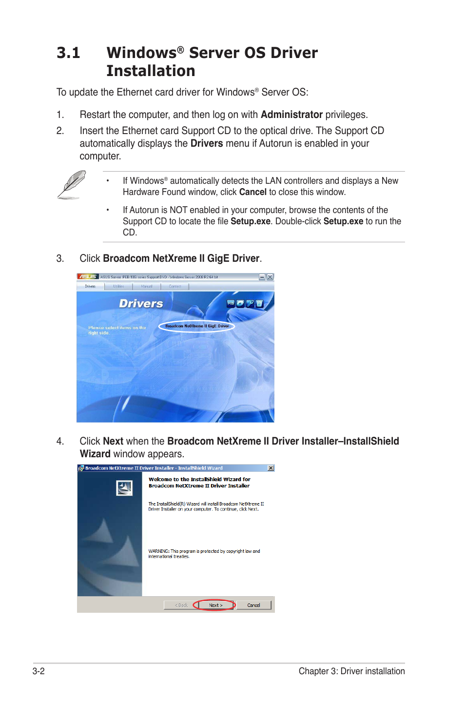 1 windows® server os driver installation, Windows, Server os driver installation -2 | 1 windows, Server os driver installation | Asus PEB-10G/SFP PLUS/SINGLE User Manual | Page 20 / 38