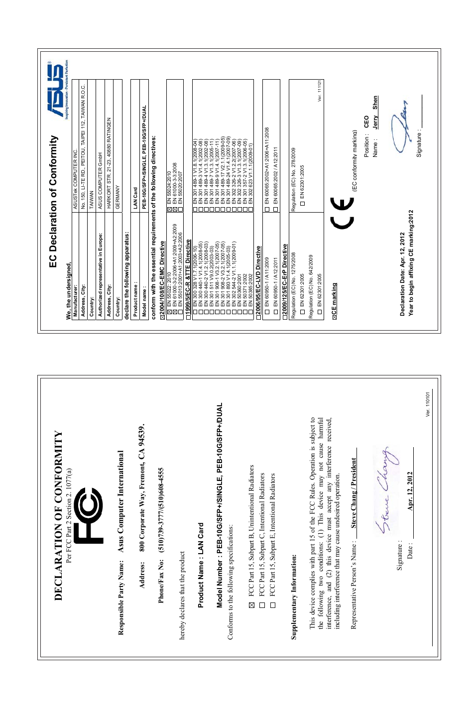 Declaration of conformity, Ec declaration of conformity, Asu s c om pu te r in te rn at io na l | Asus PEB-10G/SFP PLUS/SINGLE User Manual | Page 38 / 38