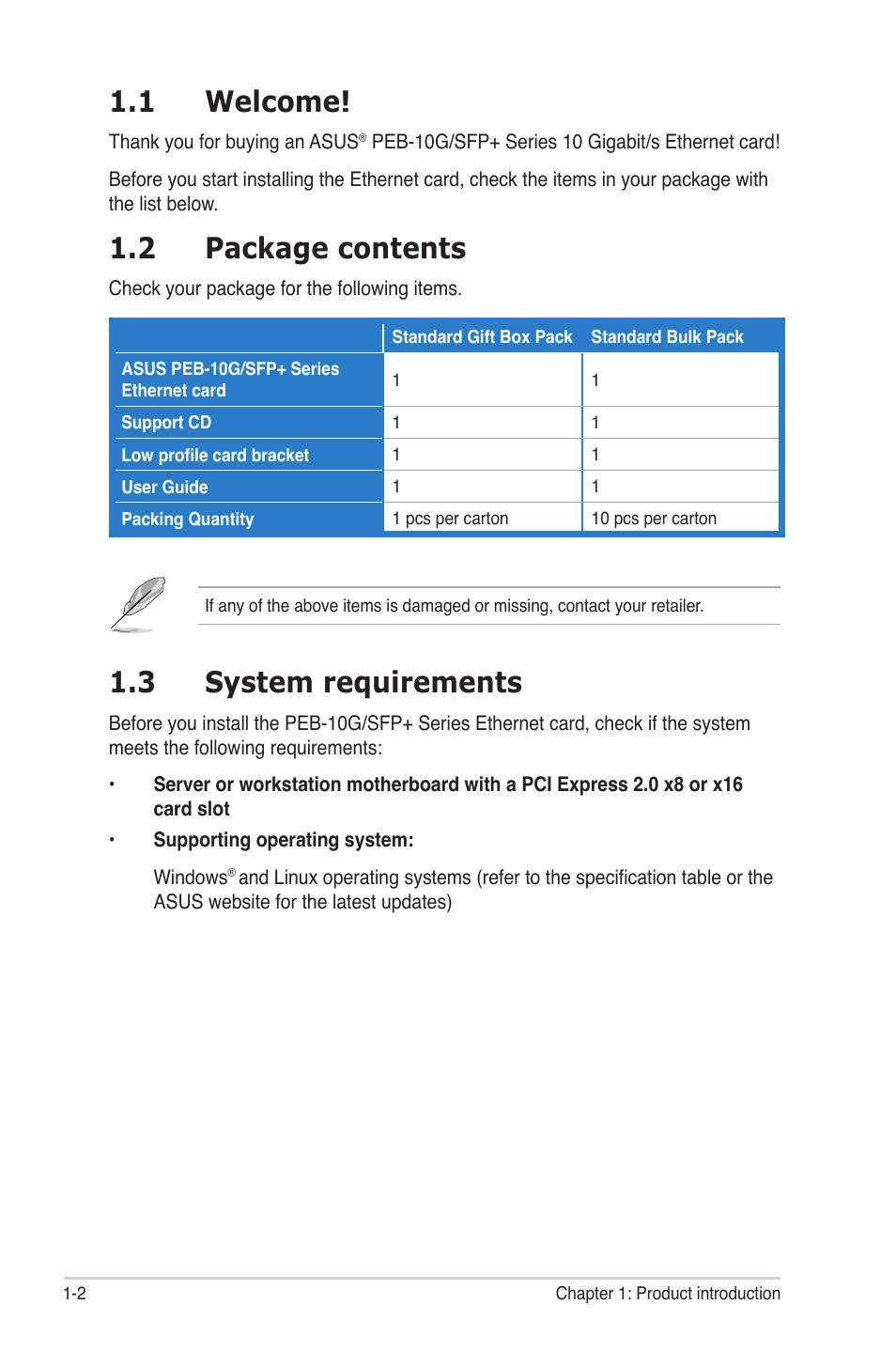 1 welcome, 2 package contents, 3 system requirements | Welcome! -2, Package contents -2, System requirements -2 | Asus PEB-10G/SFP PLUS/SINGLE User Manual | Page 8 / 38