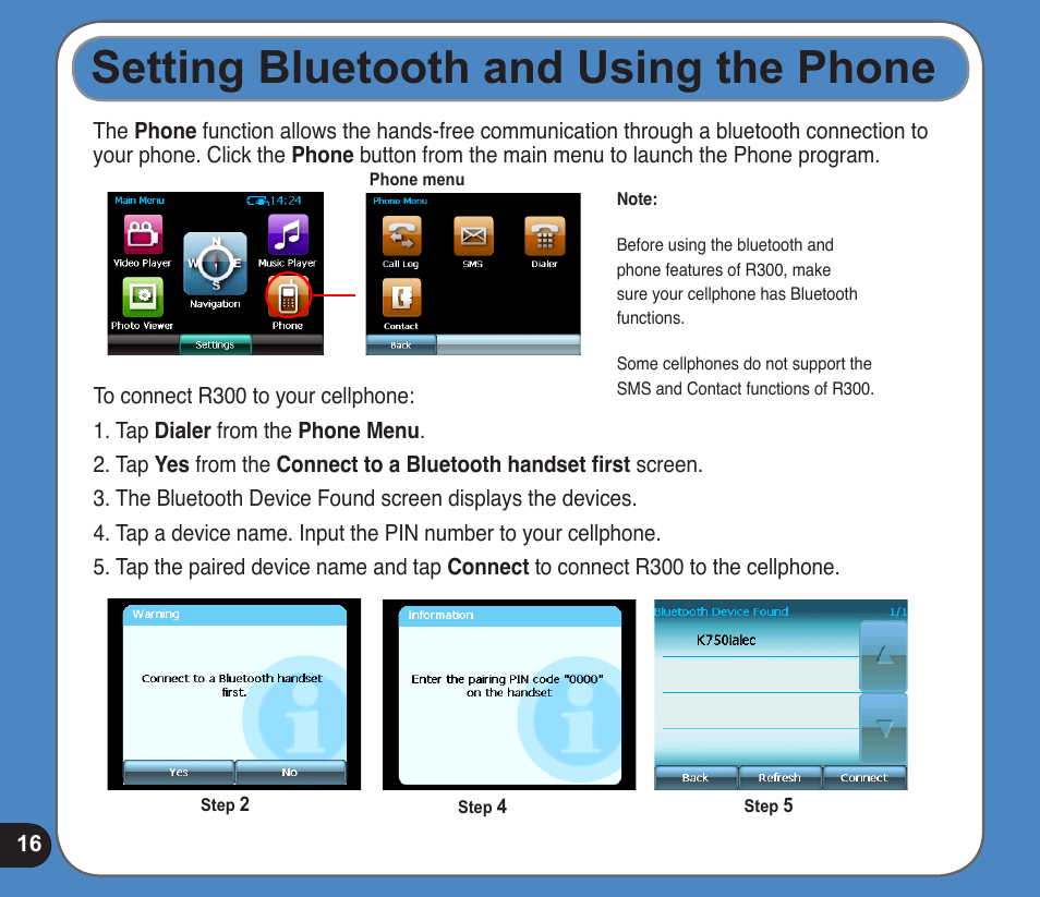 Setting bluetooth and using the phone | Asus R300 User Manual | Page 16 / 17