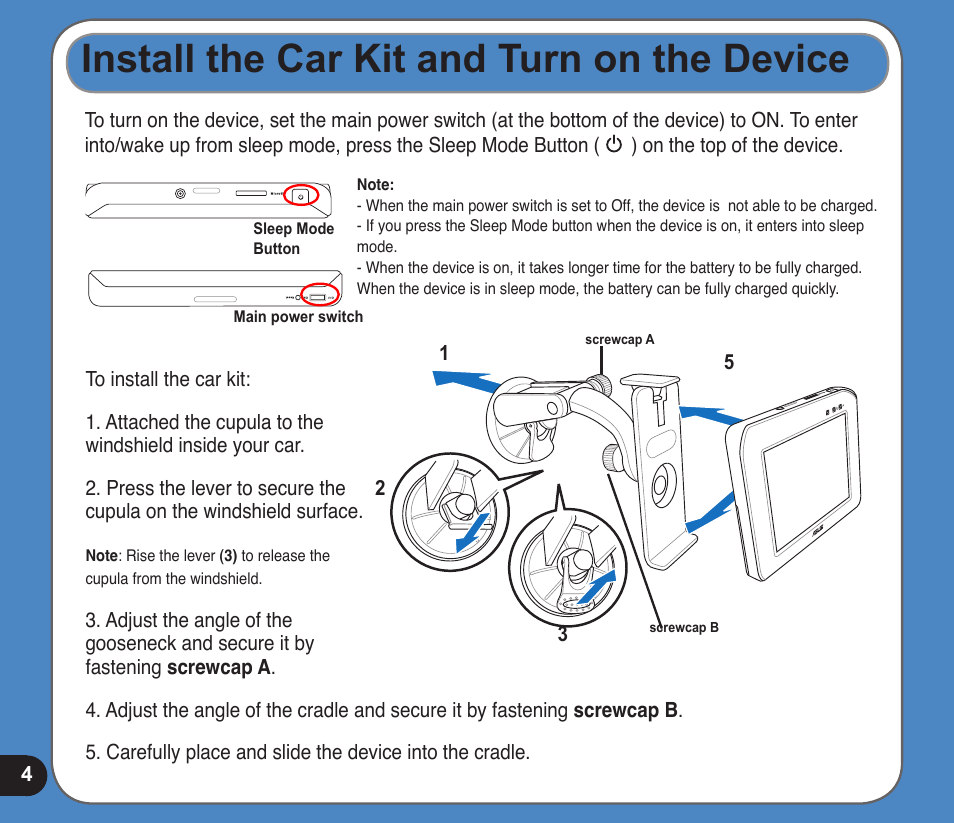 Install the car kit and turn on the device | Asus R300 User Manual | Page 4 / 17