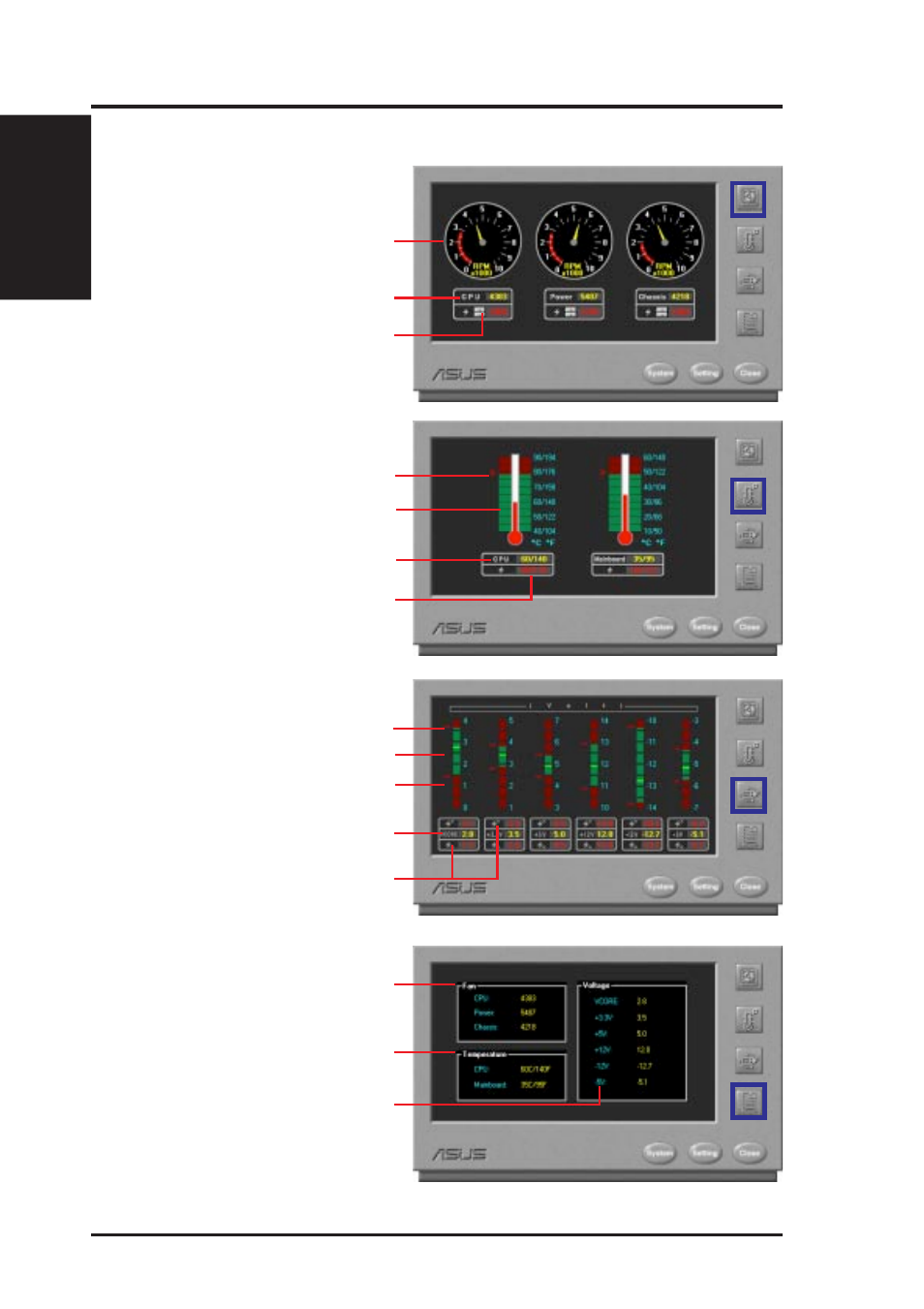 Software reference, 2 using the asus pc probe, Fan rotation status pc temperature status | Pc voltage status, Pc status summary | Asus MES-VM User Manual | Page 72 / 88