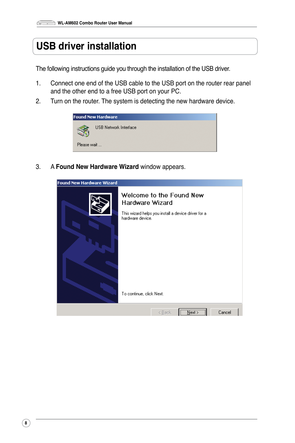 Usb driver installation | Asus WL-AM602 User Manual | Page 10 / 48