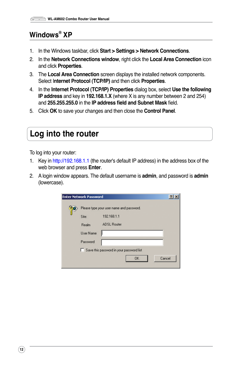 Log into the router, Windows | Asus WL-AM602 User Manual | Page 14 / 48