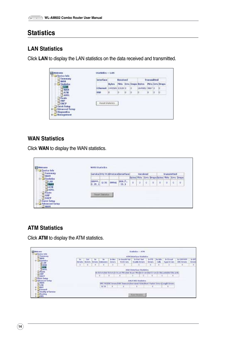 Statistics, Lan statistics, Wan statistics | Atm statistics | Asus WL-AM602 User Manual | Page 16 / 48