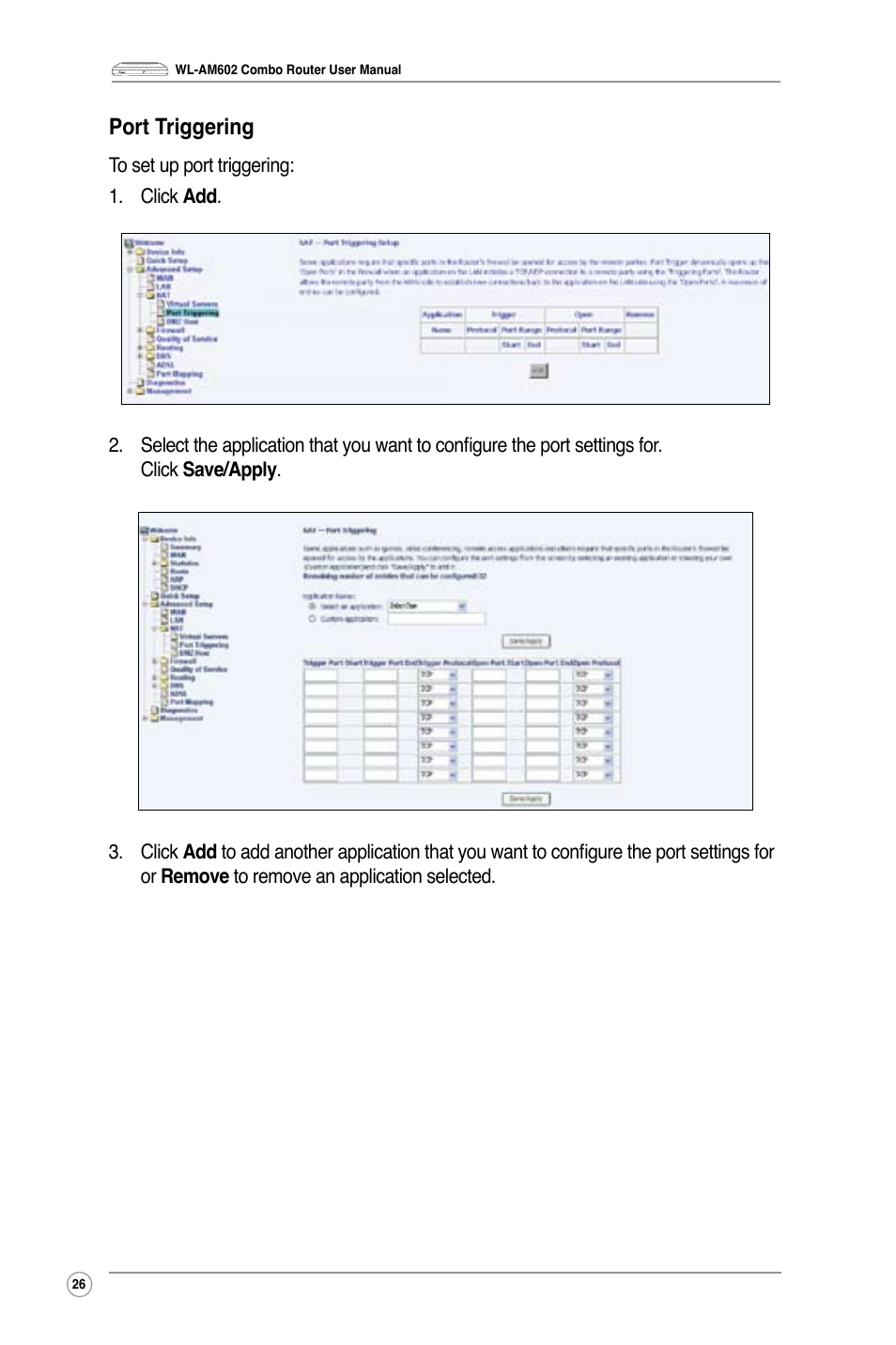 Port triggering | Asus WL-AM602 User Manual | Page 28 / 48