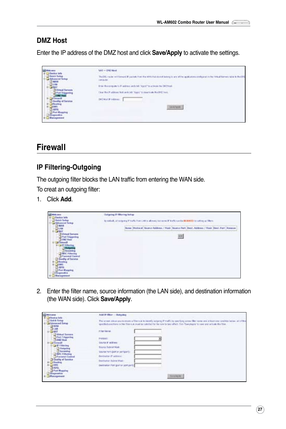 Firewall, Dmz host, Ip filtering-outgoing | Asus WL-AM602 User Manual | Page 29 / 48