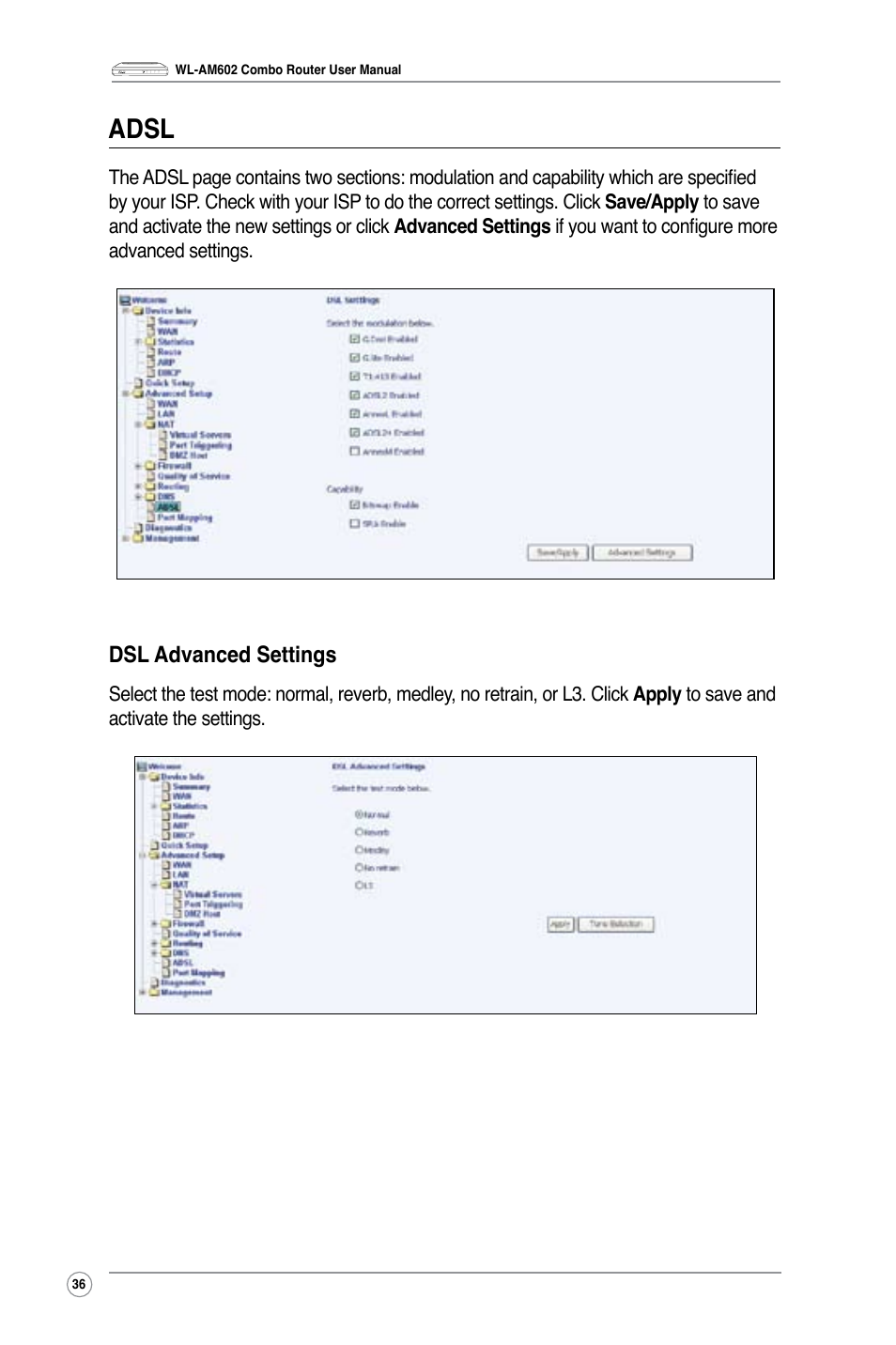 Adsl, Dsl advanced settings | Asus WL-AM602 User Manual | Page 38 / 48