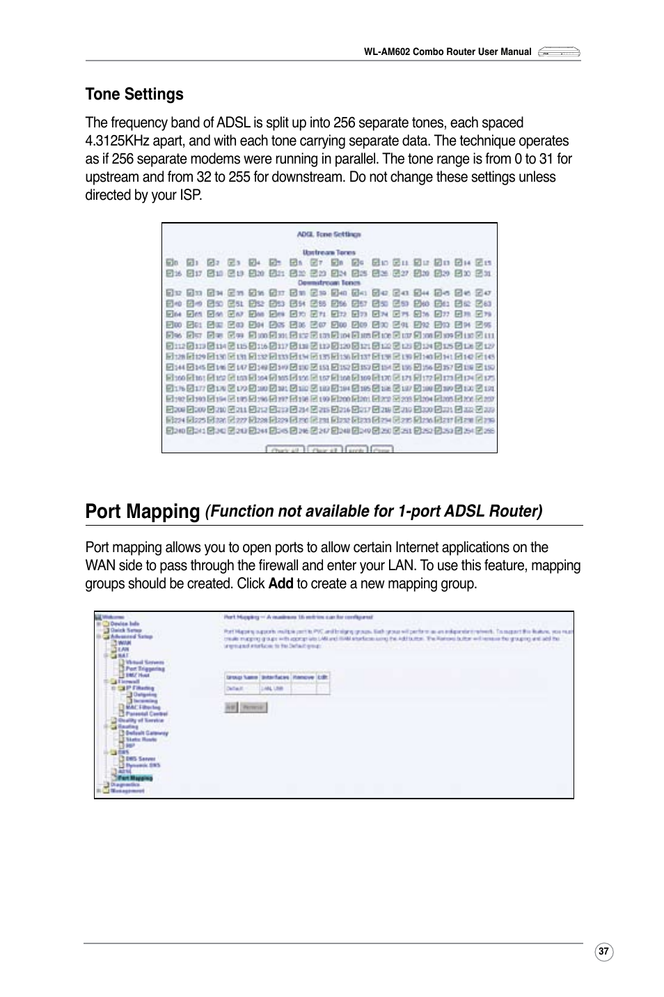 Port mapping, Tone settings, Function not available for -port adsl router) | Asus WL-AM602 User Manual | Page 39 / 48