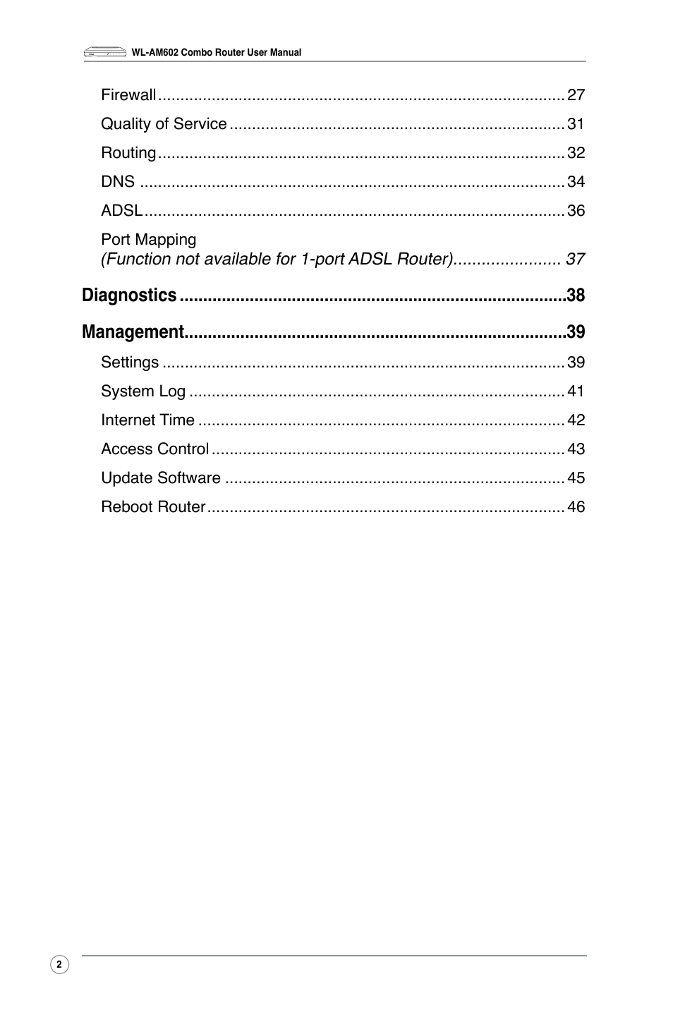 Diagnostics management, Function not available for 1-port adsl router) | Asus WL-AM602 User Manual | Page 4 / 48