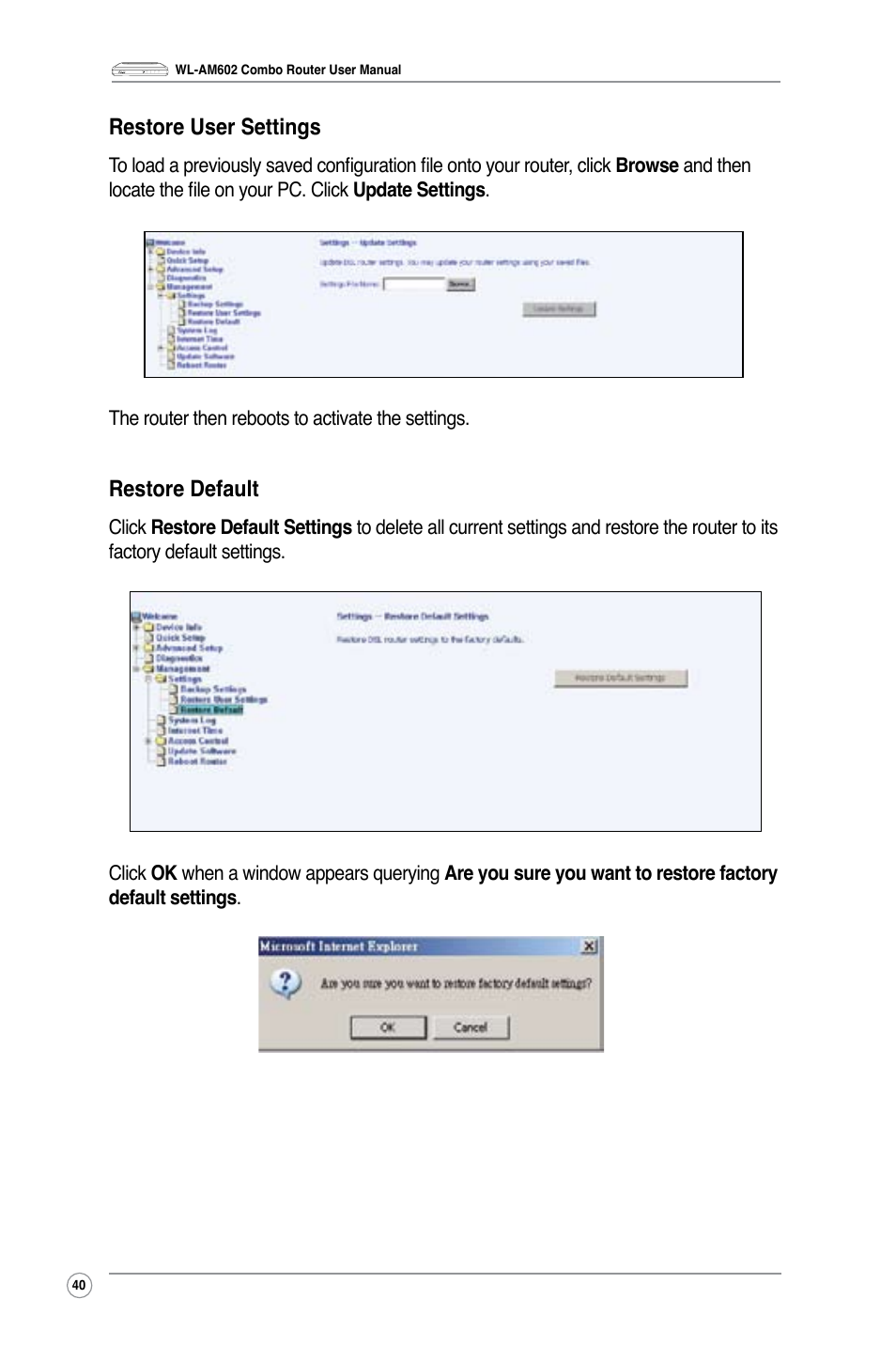 Restore user settings, Restore default | Asus WL-AM602 User Manual | Page 42 / 48