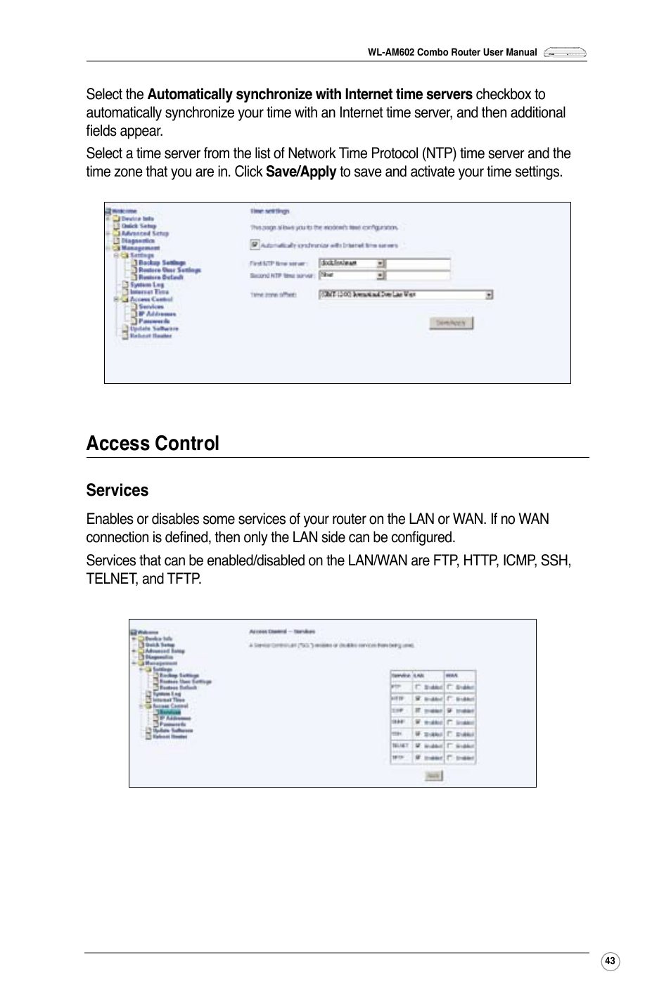 Access control, Services | Asus WL-AM602 User Manual | Page 45 / 48