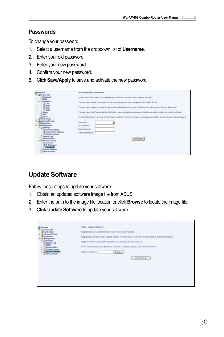 Update software, Passwords | Asus WL-AM602 User Manual | Page 47 / 48