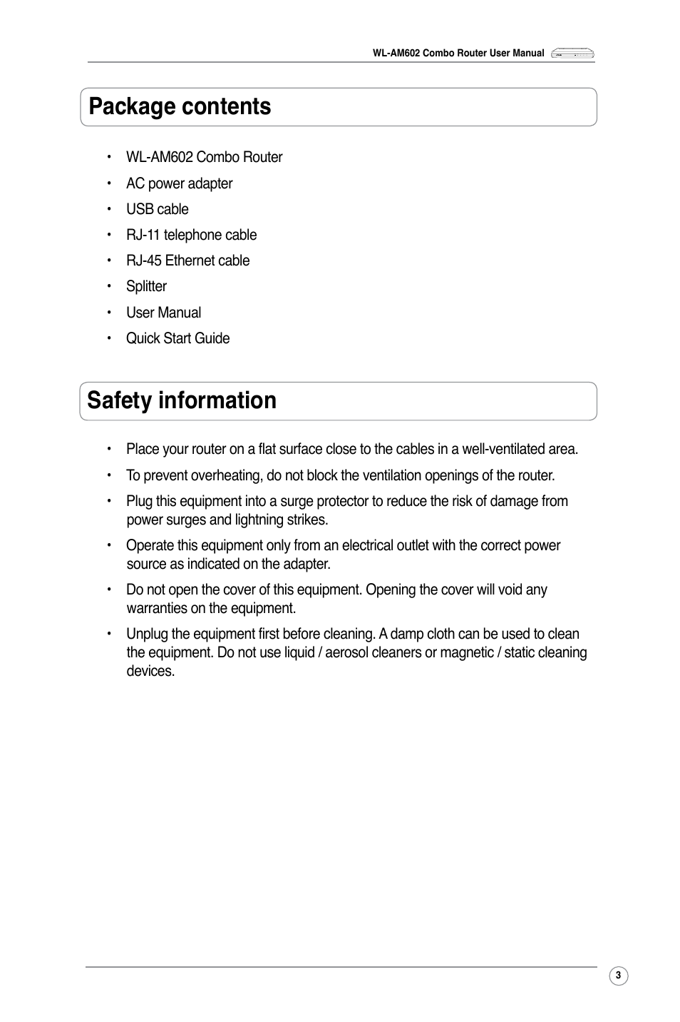 Package contents, Safety information | Asus WL-AM602 User Manual | Page 5 / 48