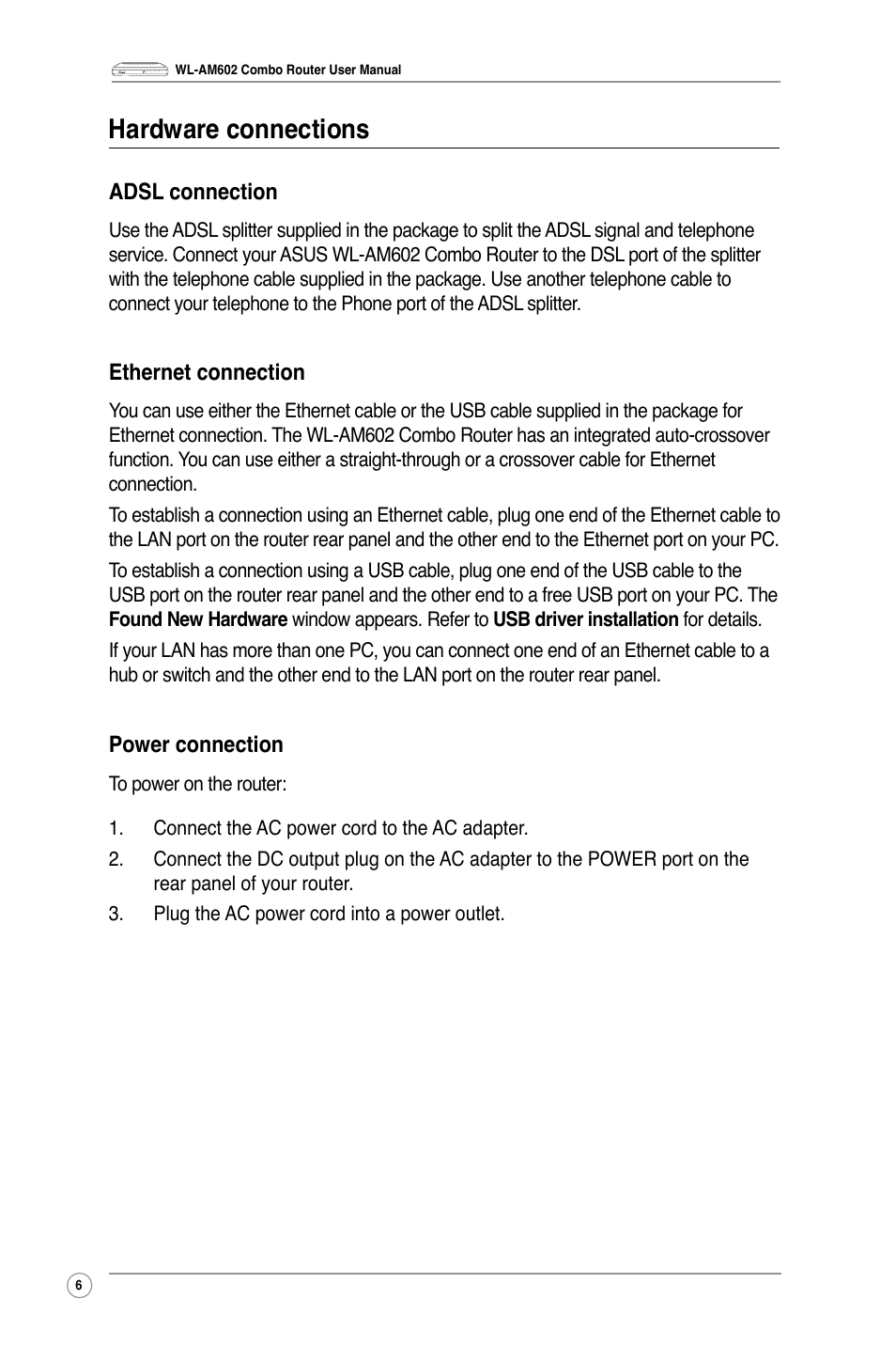 Hardware connections, Adsl connection, Ethernet connection | Power connection | Asus WL-AM602 User Manual | Page 8 / 48