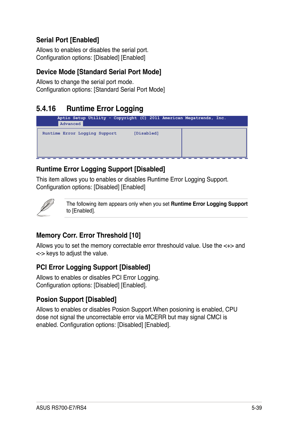 16 runtime error logging, 16 runtime error logging -39, Runtime error logging support [disabled | Serial port [enabled, Device mode [standard serial port mode, Pci error logging support [disabled, Posion support [disabled | Asus RS700-E7/RS4 User Manual | Page 103 / 196