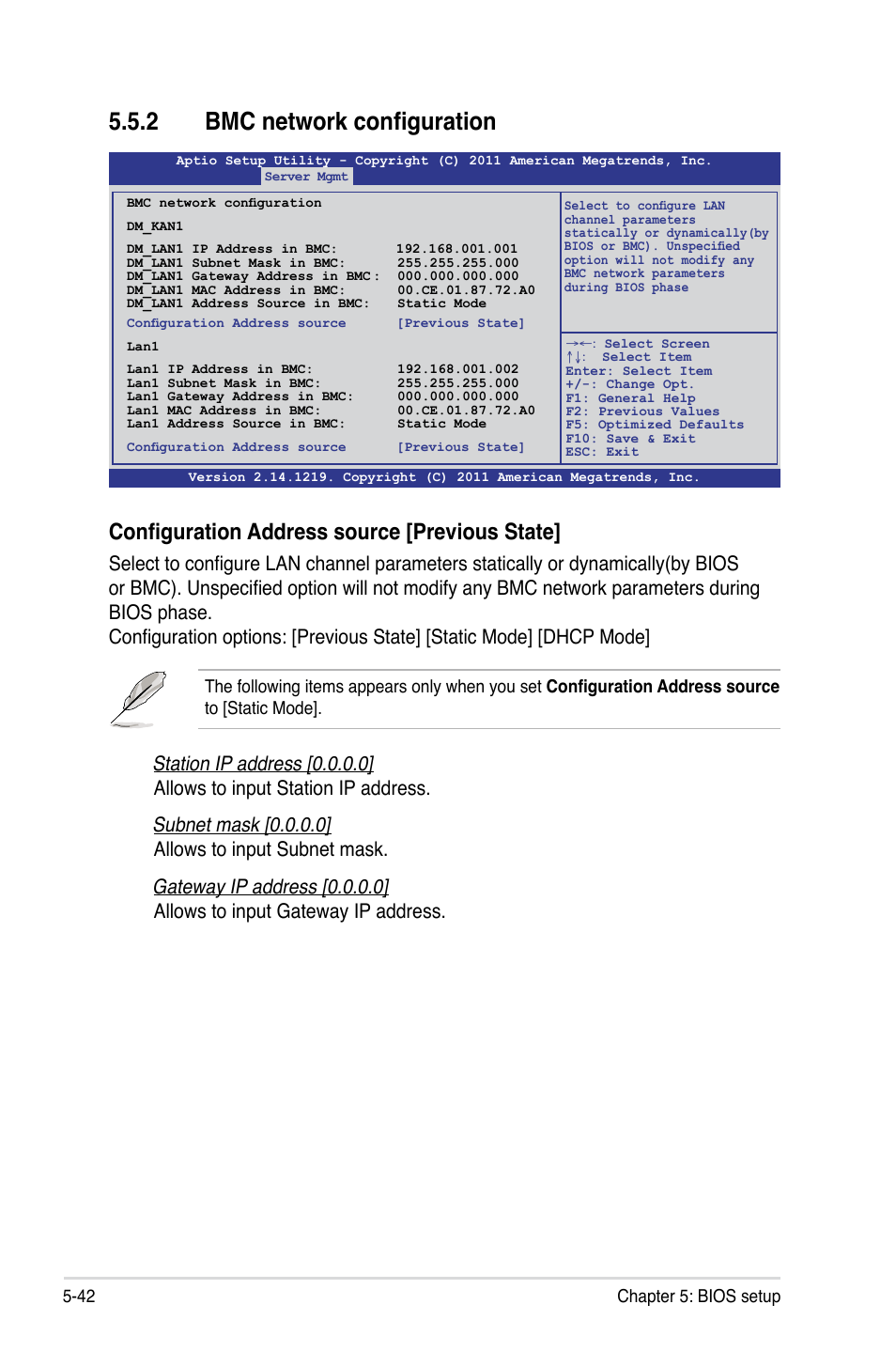 2 bmc network configuration, Bmc network configuration -42, Configuration address source [previous state | Asus RS700-E7/RS4 User Manual | Page 106 / 196