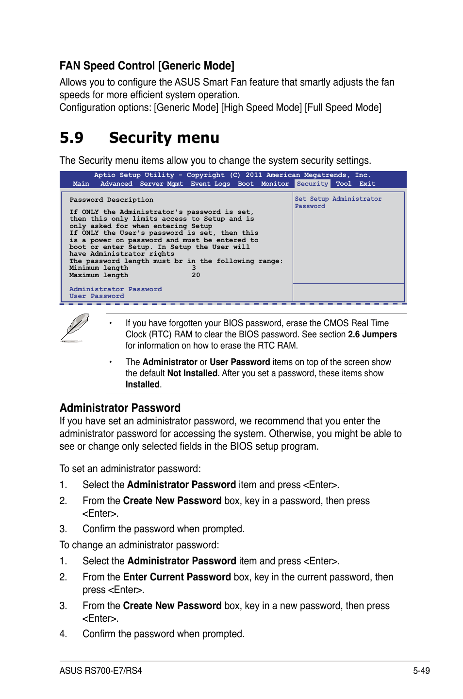 9 security menu, Security menu -49, Fan speed control [generic mode | Administrator password | Asus RS700-E7/RS4 User Manual | Page 113 / 196